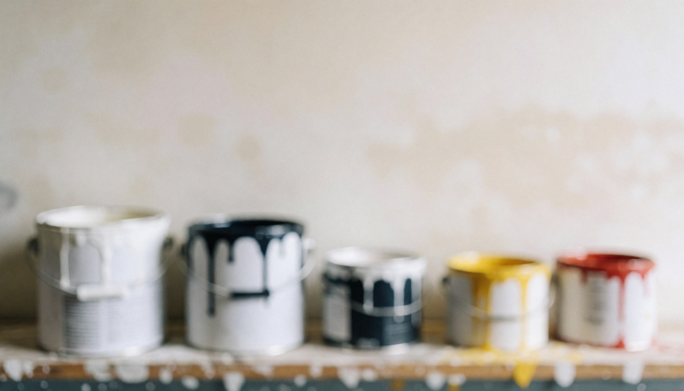 Plusieurs seaux de peinture aux couleurs variées posés sur une étagère sale avec des gouttes, devant un mur blanc taché servant de fond.