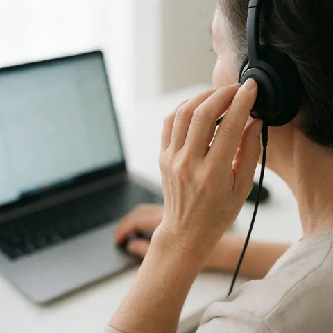 Une personne ajuste son casque noir tout en travaillant sur un ordinateur portable posé sur un bureau blanc.