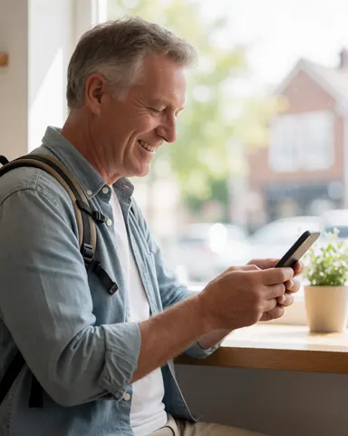 Un homme adulte souriant regarde son téléphone portable assis à une table en bois dans un café, avec une plante verte à proximité et une lumière naturelle.