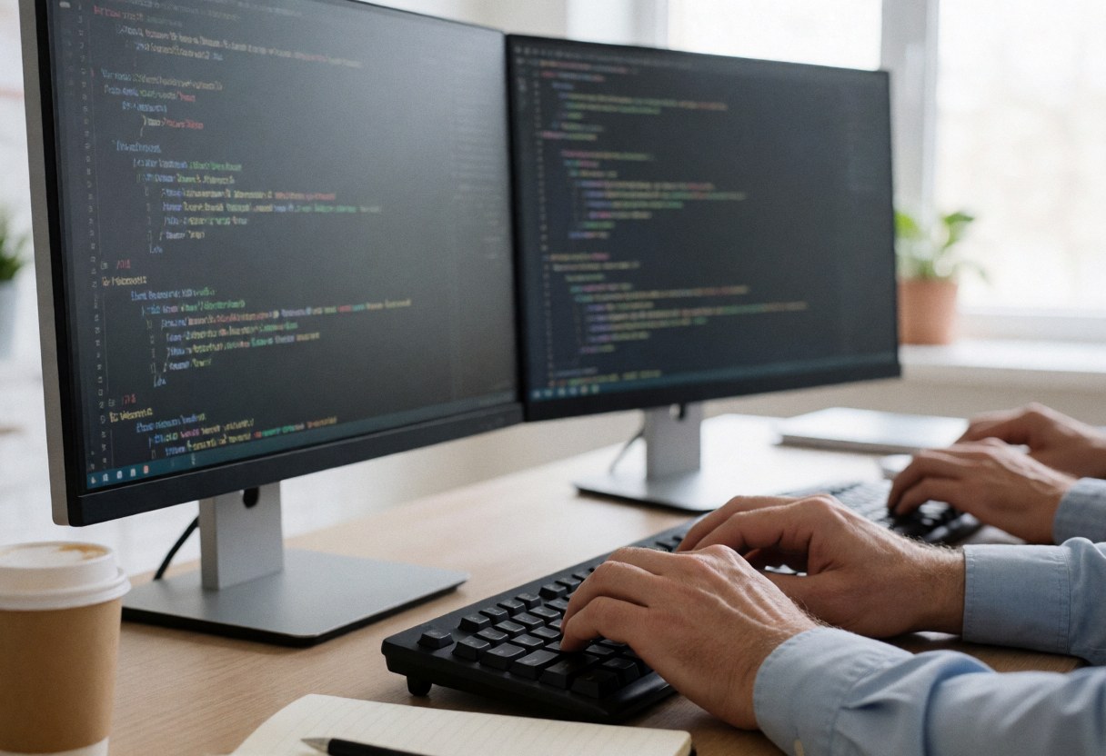 Mains tapant du code sur un clavier avec deux écrans, une tasse de café et une plante dans un bureau lumineux.