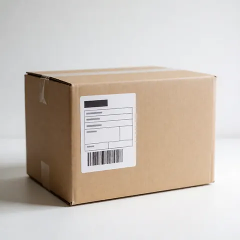 Vue rapprochée d'une boîte en carton marron prête à être expédiée, affichant clairement une étiquette d'expédition et un code-barres pour le suivi logistique.