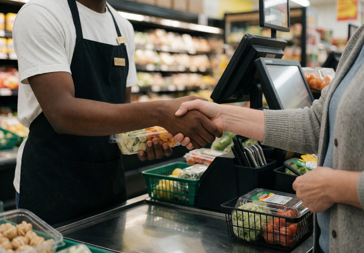 Employé de minimarket serrant la main d'un client pendant le traitement de l'achat de légumes en caisse.