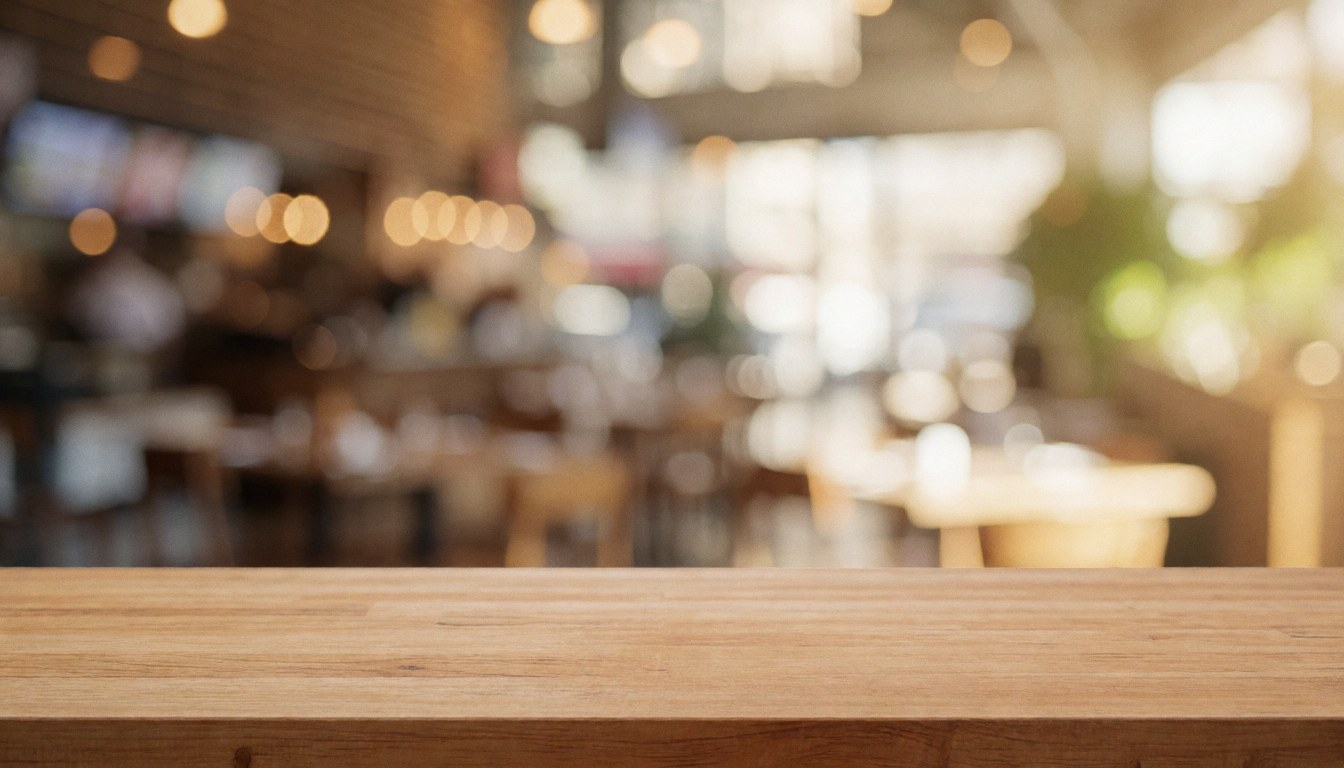 Vue rapprochée d'une table en bois naturel vide posée dans un intérieur de café avec un arrière-plan flou chaleureux.