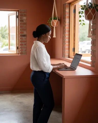 Une femme debout utilise un ordinateur portable posé sur un bureau de couleur terracotta dans un bureau aux murs de briques et fenêtres.