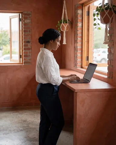 Une femme debout utilise un ordinateur portable posé sur un bureau de couleur terracotta dans un bureau aux murs de briques et fenêtres.