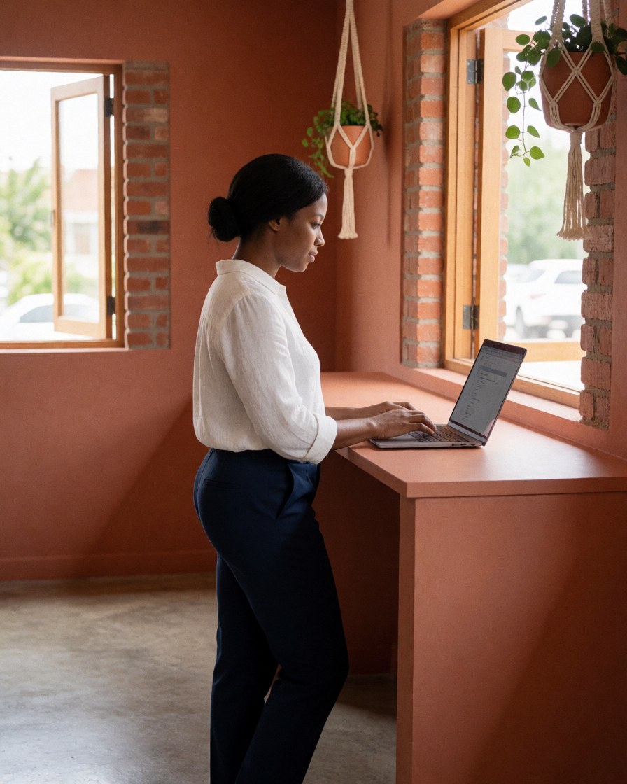 Une femme debout utilise un ordinateur portable posé sur un bureau de couleur terracotta dans un bureau aux murs de briques et fenêtres.