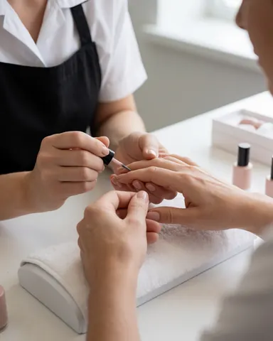 Une manucurière applique un vernis nude sur les ongles d'une cliente, posés sur une table blanche avec des produits de soin.