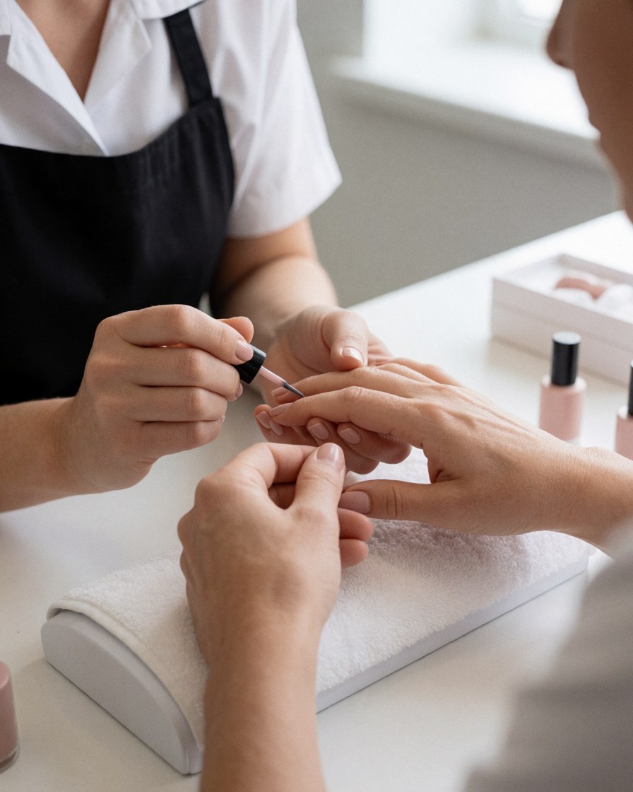 Une manucurière applique un vernis nude sur les ongles d'une cliente, posés sur une table blanche avec des produits de soin.