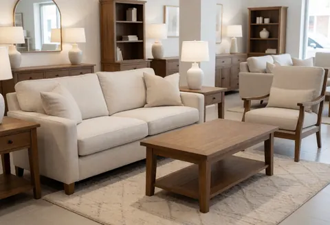 Intérieur moderne d'une salle de meubles présentant un canapé beige, des chaises et une table en bois dans un cadre accueillant.