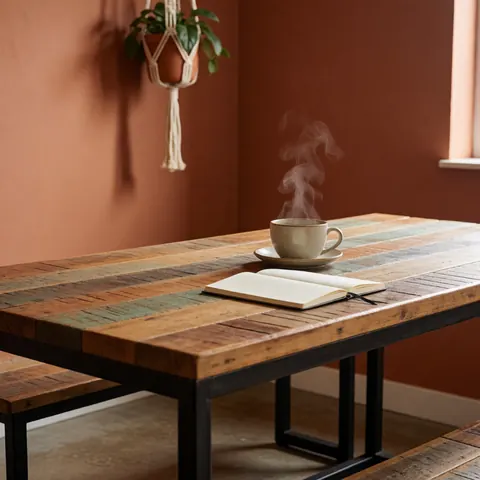 Une tasse de café chaud dégageant de la vapeur posée à côté d'un carnet ouvert sur une table en bois rustique aux planches colorées.