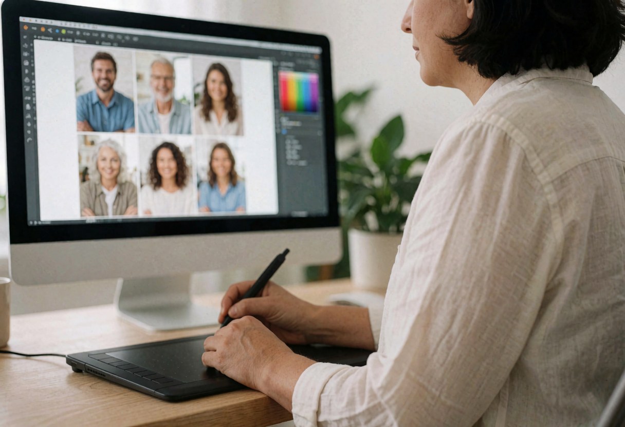 Une femme travaille sur un ordinateur portable équipé d'une tablette graphique pour éditer des portraits professionnels affichés à l'écran dans un bureau.