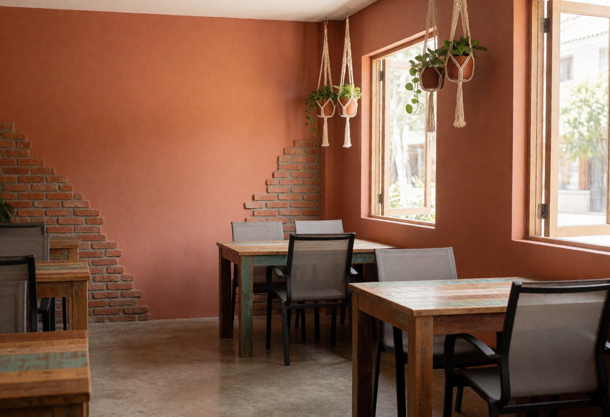 Espace de coworking avec tables en bois, chaises et murs en terre cuite ornés de plantes suspendues.