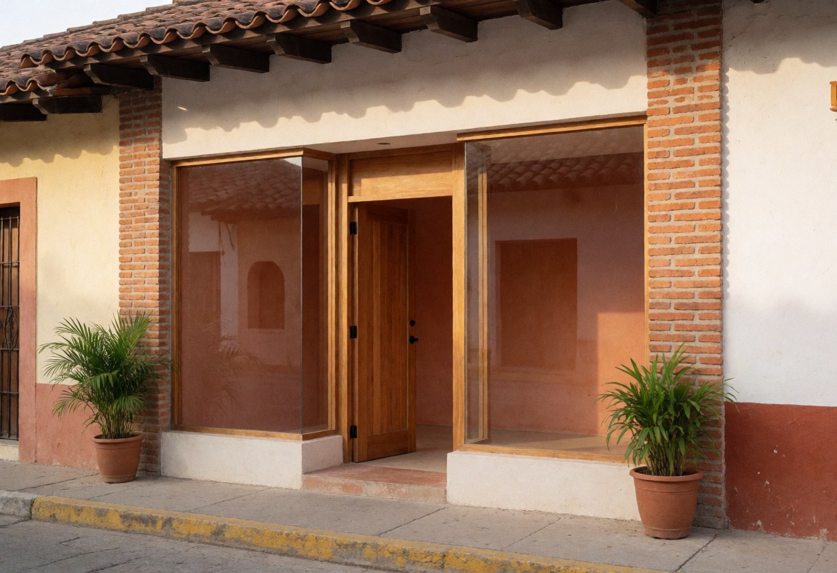 Façade d'un commerce présentant des portes en bois, des murs en briques et deux pots de plantes vertes disposés de chaque côté de l'entrée principale.