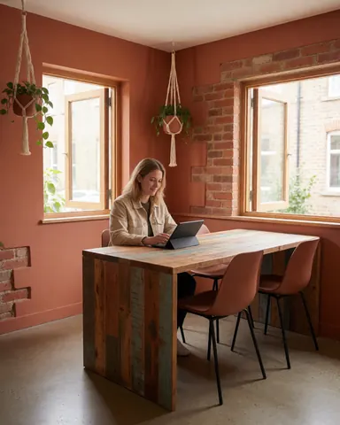 Une femme utilise un ordinateur portable sur une table en bois dans un espace de coworking avec des murs roses et des fenêtres.