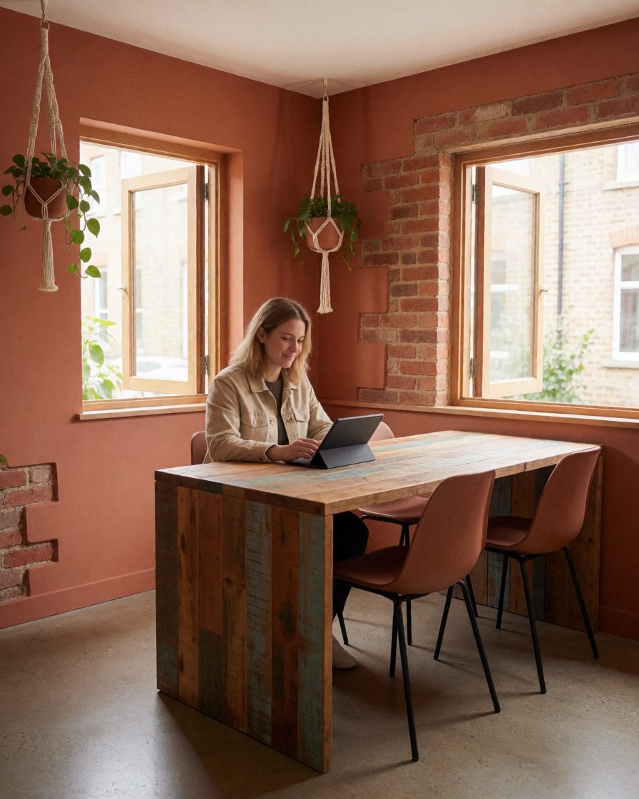 Une femme utilise un ordinateur portable sur une table en bois dans un espace de coworking avec des murs roses et des fenêtres.