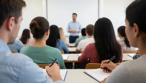 Des étudiants adultes prennent des notes lors d'un cours avec un professeur devant un tableau blanc dans une salle de classe.