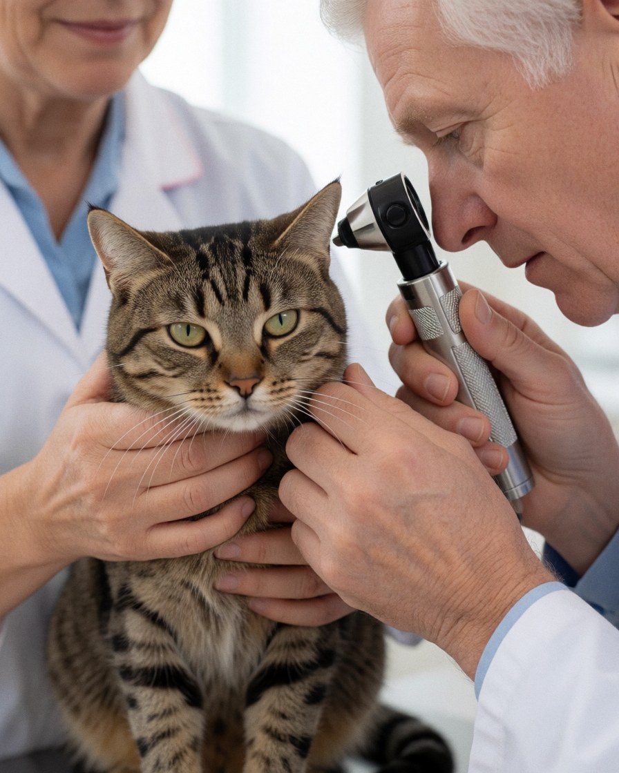 Un vétérinaire utilise un otoscope pour examiner l'oreille d'un chat tenu par une personne dans une clinique.