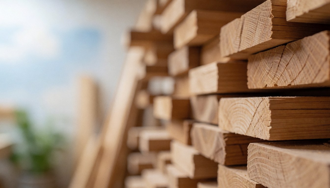 Empilement de planches de bois avec texture visible dans un atelier de charpente, sur fond flou.