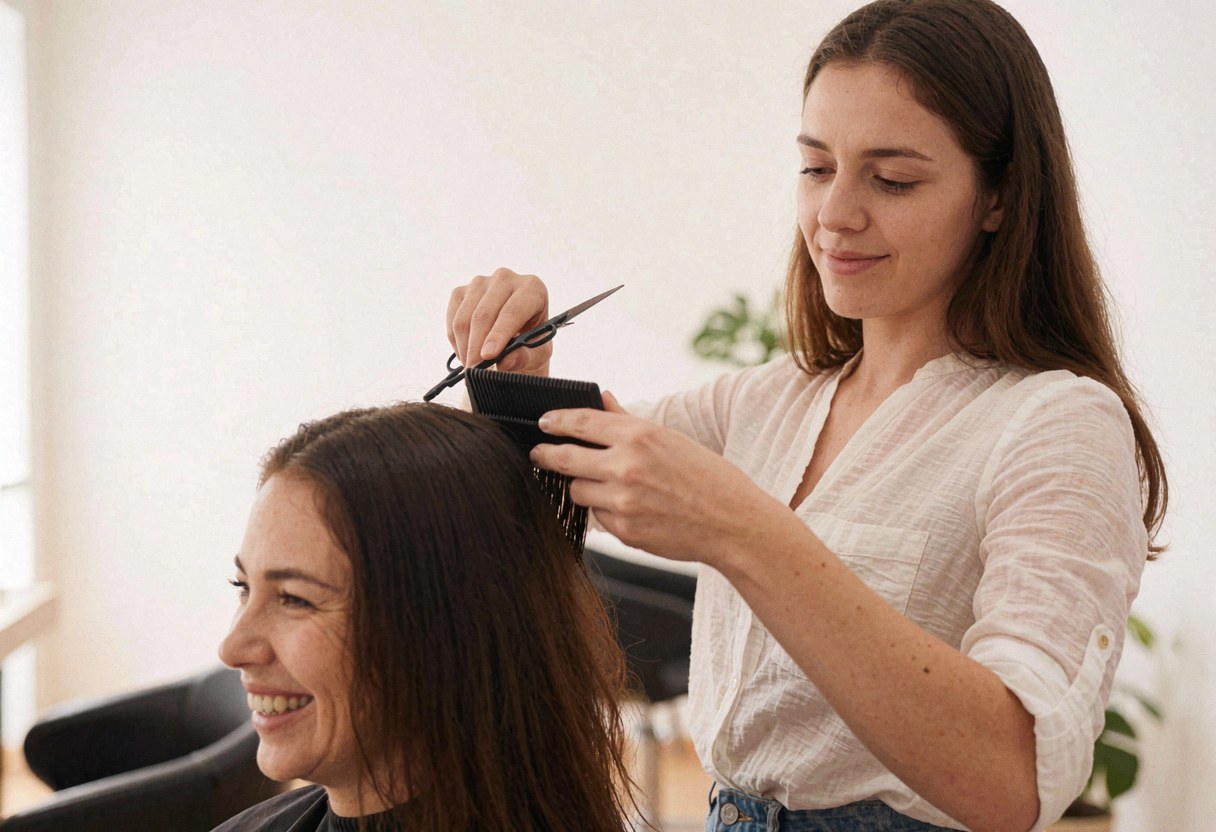 Une coiffeuse utilise une peigne et des ciseaux pour couper les cheveux d'une cliente souriante dans un salon de beauté.