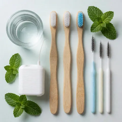 Brosses à dents en bambou et fil dentaire disposés sur une surface blanche propre, ornés de feuilles de menthe fraîche pour illustrer l'hygiène naturelle.