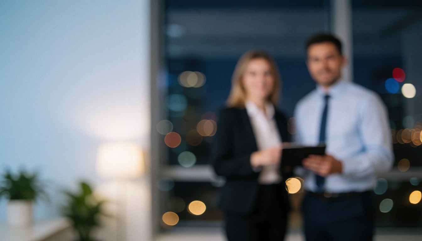 Vue d'un bureau avec deux professionnels devant un arrière-plan urbain nocturne flou servant de fond pour du texte.