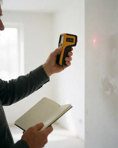 Un technicien mesure une paroi à l'aide d'un appareil laser tout en prenant des notes dans son carnet pour documenter les résultats.