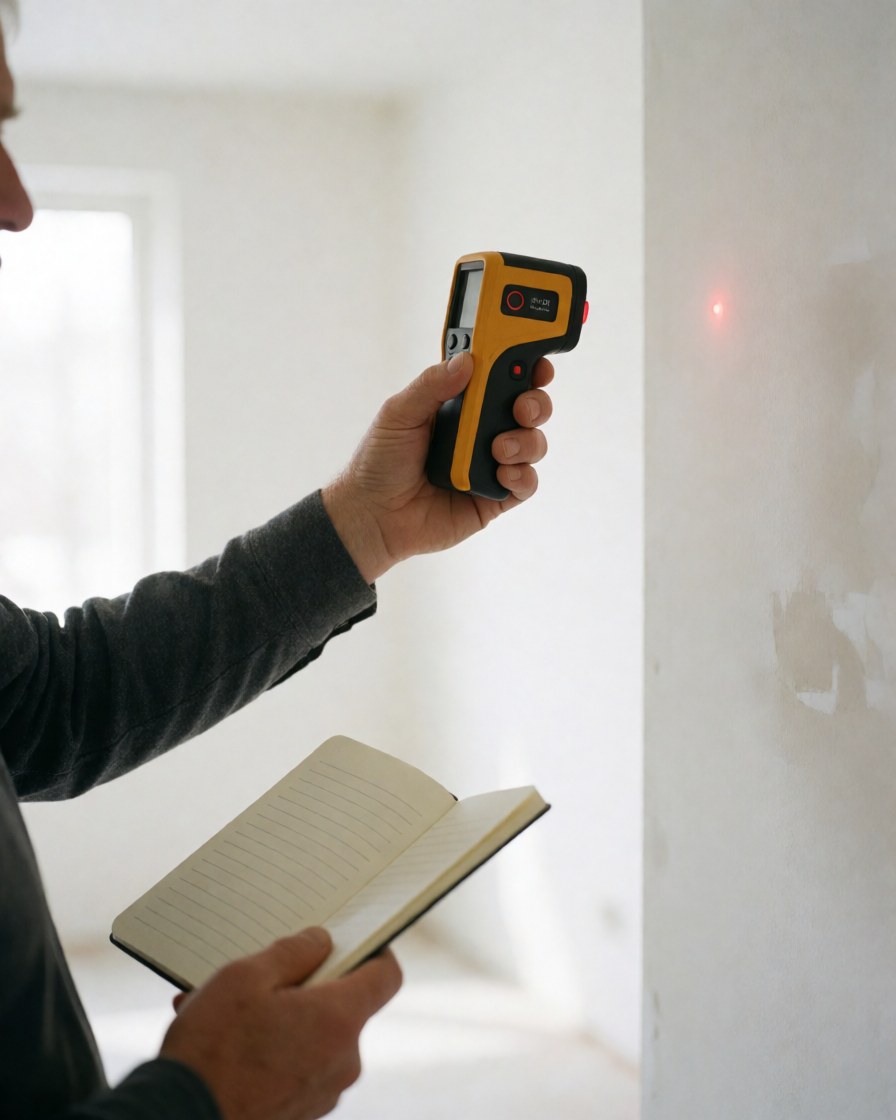 Un technicien mesure une paroi à l'aide d'un appareil laser tout en prenant des notes dans son carnet pour documenter les résultats.