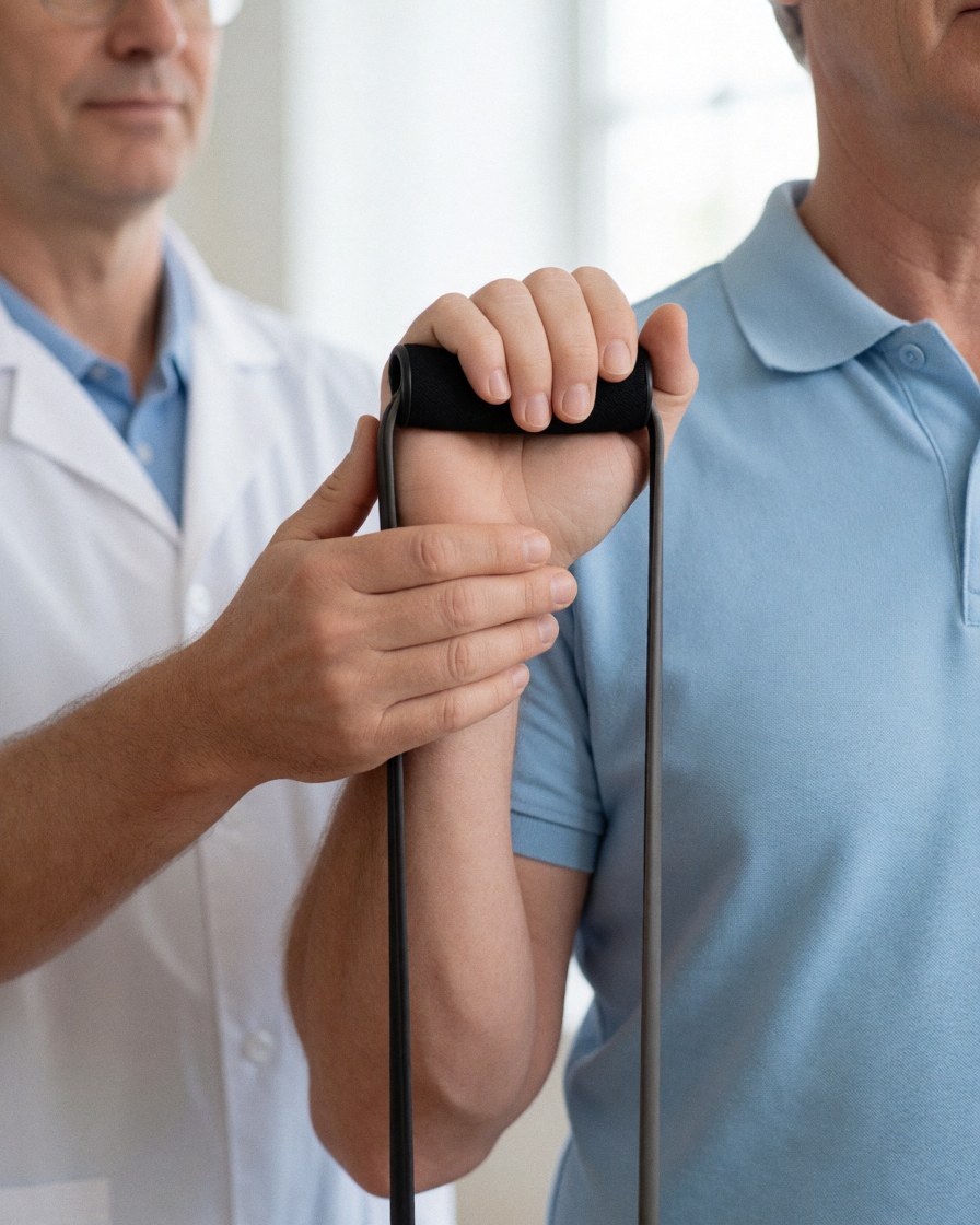 Un professionnel guide le mouvement du bras d'un adulte à l'aide d'une bande de résistance dans un cadre médical.