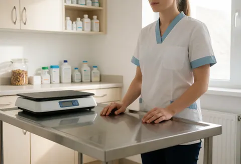 Une vétérinaire en uniforme blanc et bleu se tient près d'une table en acier poli dans une clinique propre, avec une balance et des bouteilles de médicaments en arrière-plan.