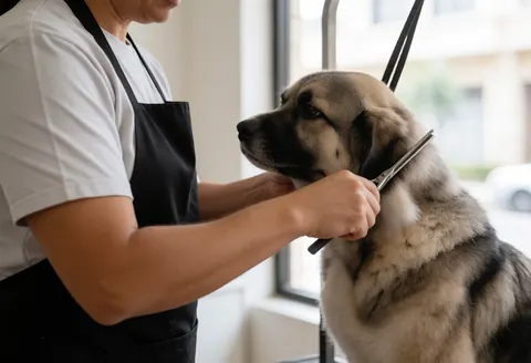 Un groomer professionnel en tablier coupe les poils d'un grand chien avec des ciseaux dans un salon de toilettage canin.