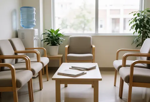 Vue d'une salle d'attente lumineuse et ordonnée équipée de chaises, d'une table basse, sans personnes présentes.