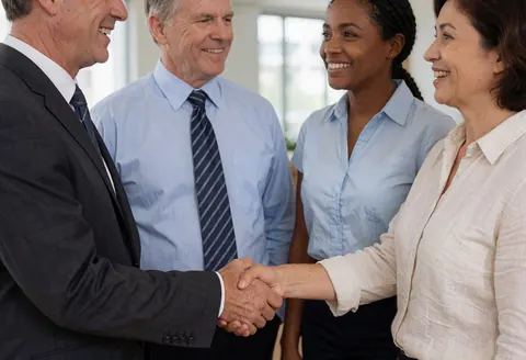 Un homme et une femme se serrent la main au bureau tandis que deux collègues observent avec satisfaction.