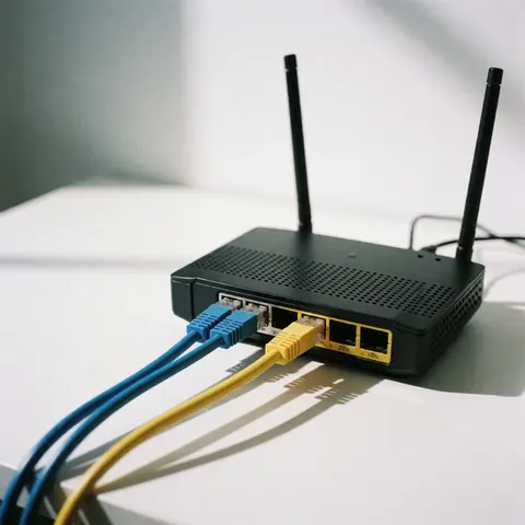 Routeur noir doté d'antennes et de câbles Ethernet branchés sur une table blanche.