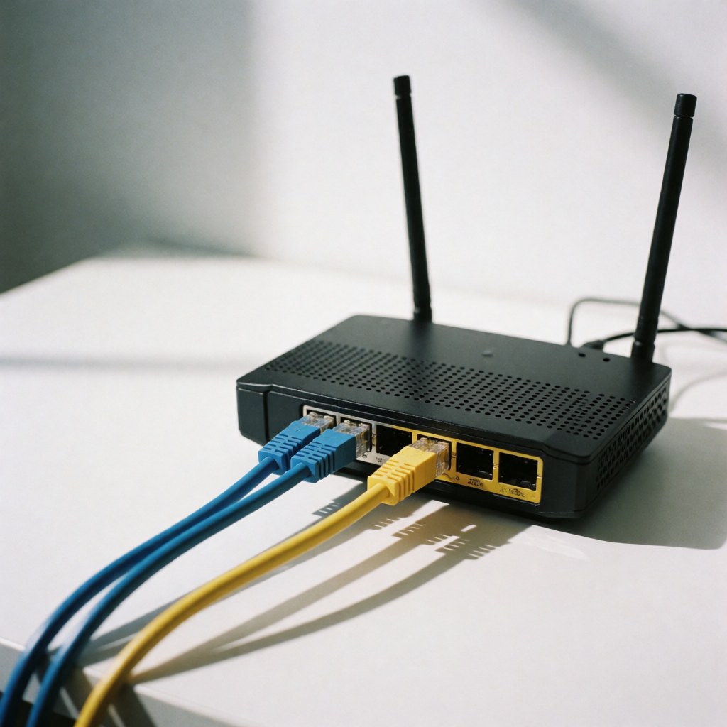 Routeur noir doté d'antennes et de câbles Ethernet branchés sur une table blanche.