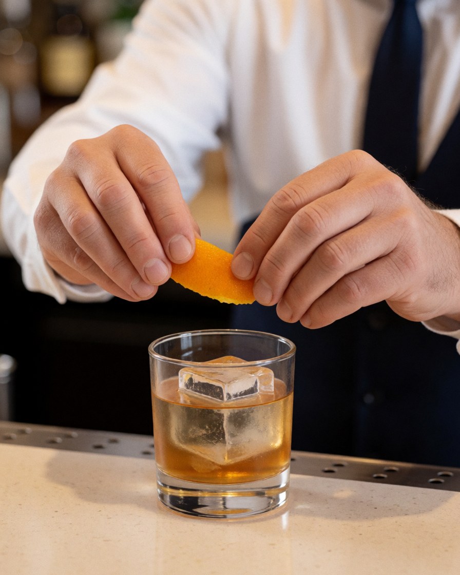 Un barman en chemise blanche et cravate bleue presse une rondelle d'orange sur un cocktail glacé dans un verre à whisky.