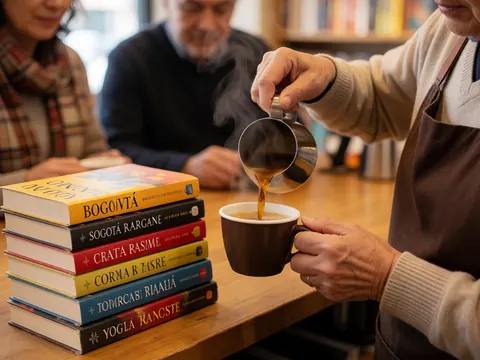 Un barista sert un café à côté d'une pile de livres colorés sur une table en bois dans un environnement chaleureux.