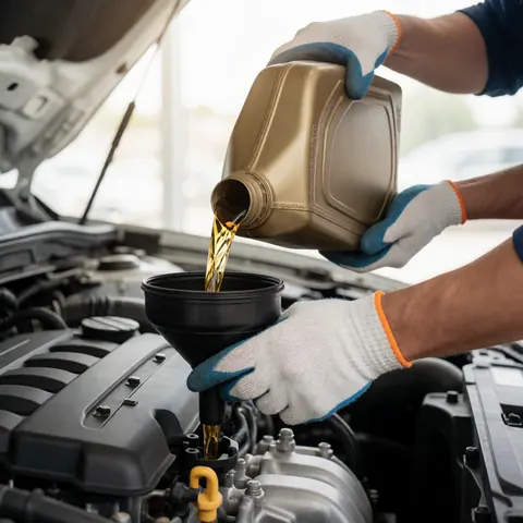 Un mécanicien portant des gants verse de l'huile neuve dans un moteur automobile avec le capot ouvert.