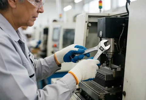 Un technicien ajuste une clé sur une machine de fabrication en usine.