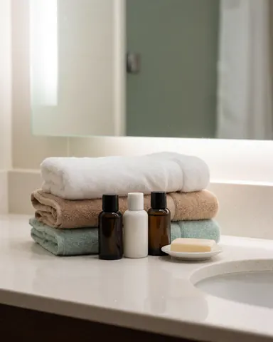 Vue d'une salle de bain d'hôtel propre avec des serviettes pliées, du savon et des bouteilles de produits sur le lavabo.
