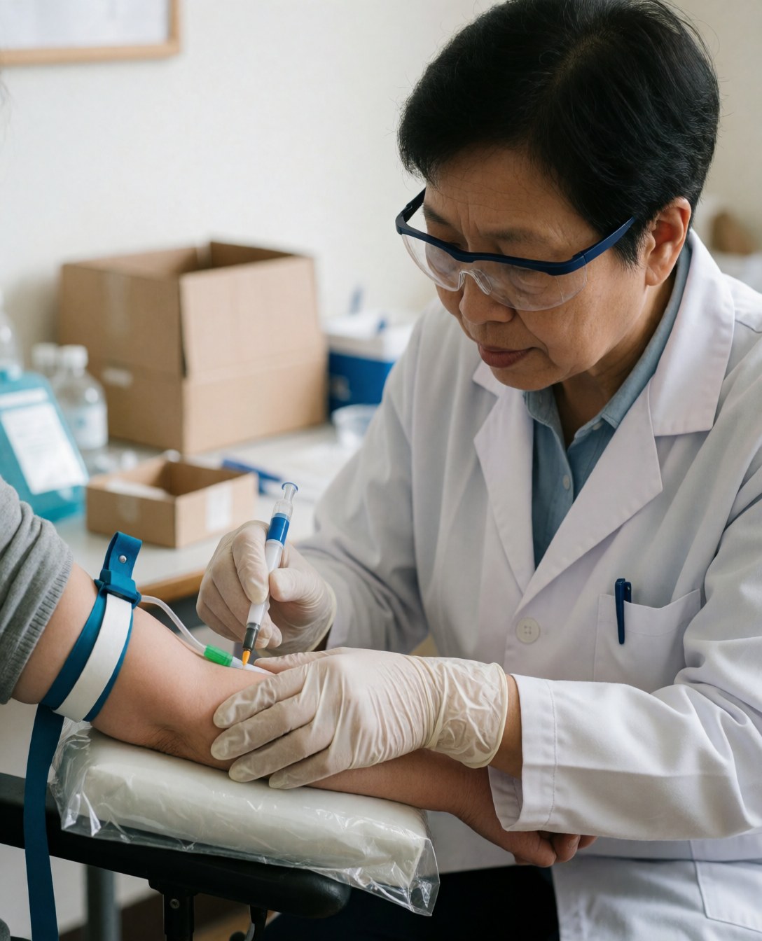 Un professionnel de laboratoire portant des gants et des lunettes effectue un prélèvement sanguin sur un patient installé à une table de travail.