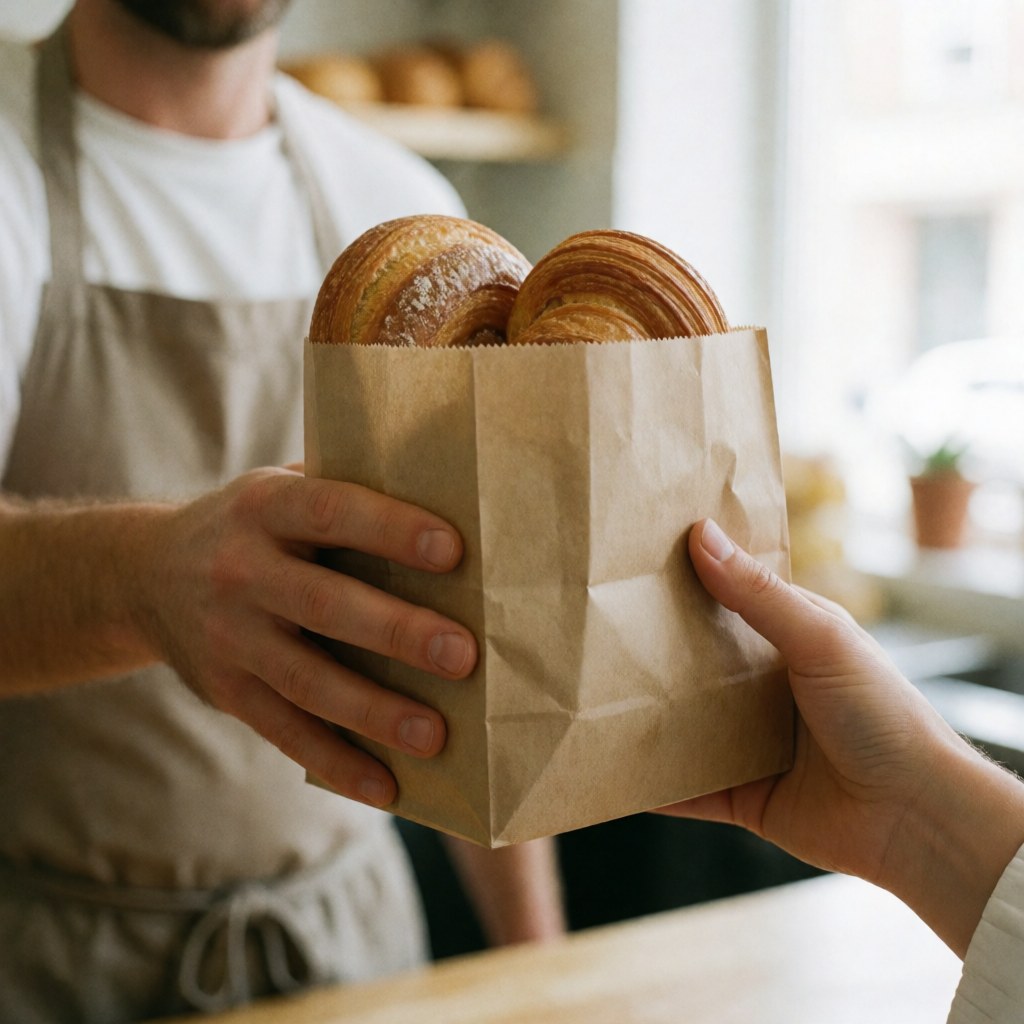 Un boulanger tend une poche en papier contenant des croissants à un client dans une boulangerie.