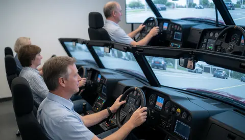 Trois adultes pratiquent la conduite sur des simulateurs de camion dans un centre de formation professionnel.