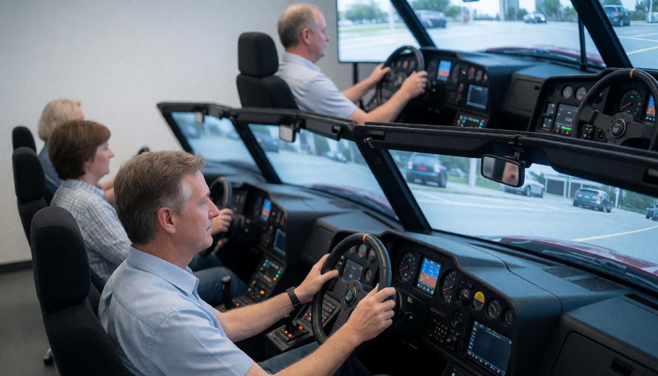 Trois adultes pratiquent la conduite sur des simulateurs de camion dans un centre de formation professionnel.