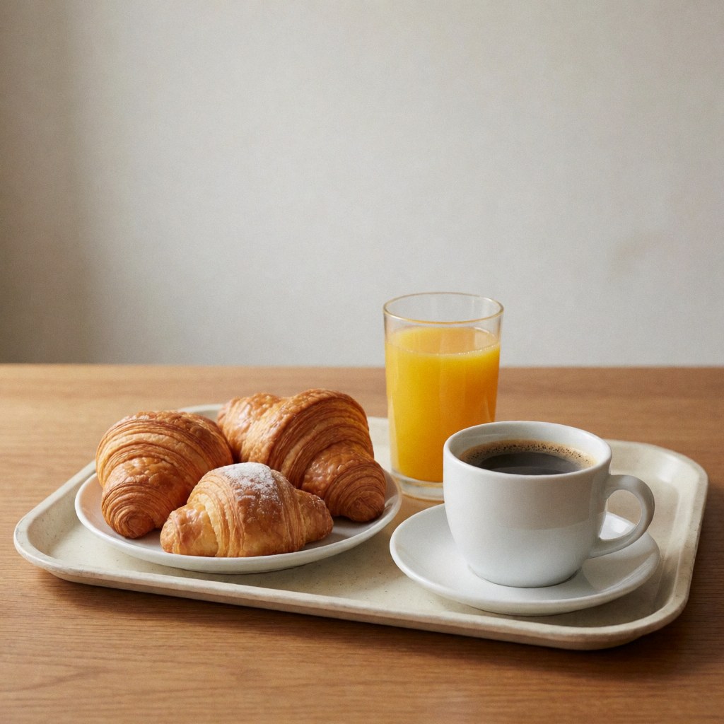 Un plateau posé sur une table en bois contient des croissants, un café noir et un verre de jus d'orange. Vue générale sans personnes.