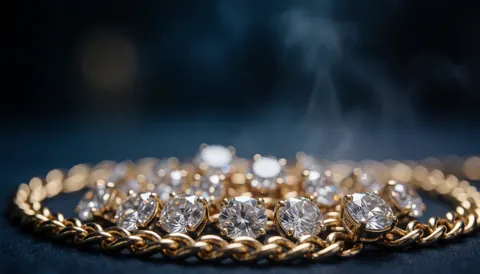 Un collier en or orné de diamants scintillants posé sur un fond sombre, évoquant le luxe et l'élégance de la joaillerie.