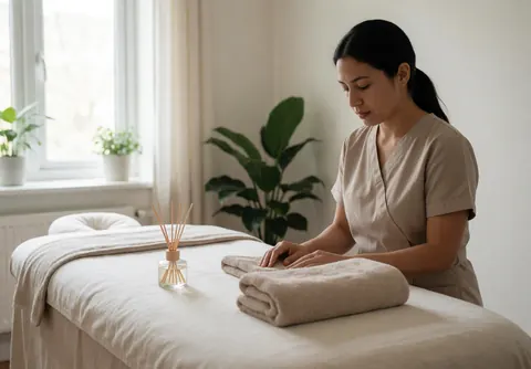 Une femme en uniforme de spa prépare des serviettes sur une table de massage dans une pièce lumineuse avec des plantes.