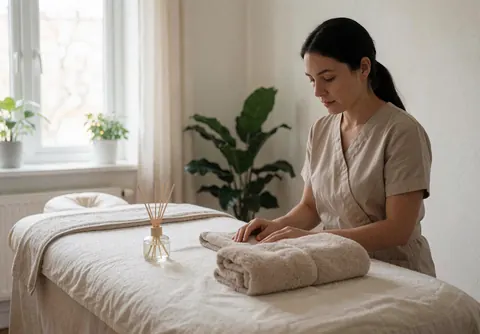 Une femme en uniforme de spa prépare des serviettes sur une table de massage dans une pièce lumineuse avec des plantes.
