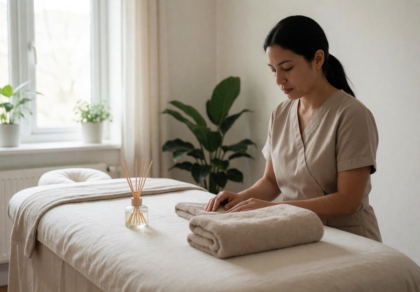 Une femme en uniforme de spa prépare des serviettes sur une table de massage dans une pièce lumineuse avec des plantes.