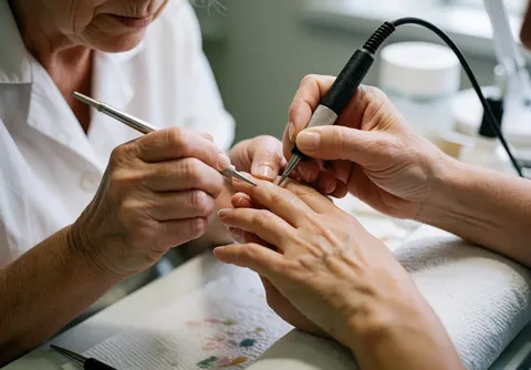 Une manuciste porte des gants et utilise des outils électriques et manuels pour travailler les ongles d'une cliente sur une table.