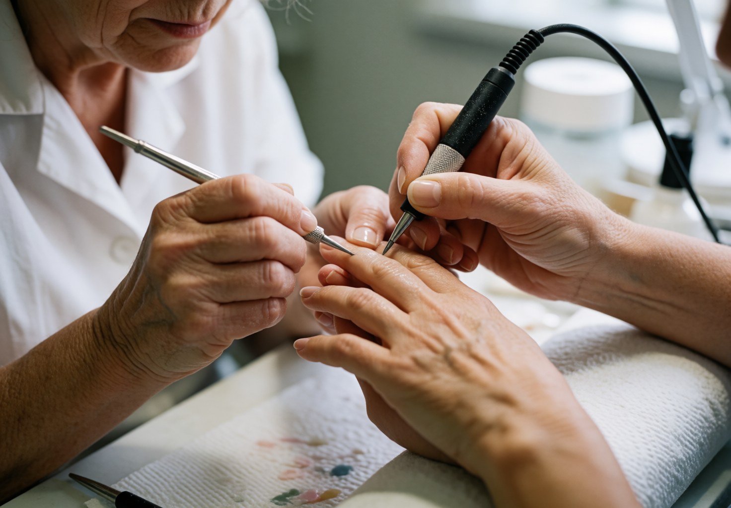 Une manuciste porte des gants et utilise des outils électriques et manuels pour travailler les ongles d'une cliente sur une table.